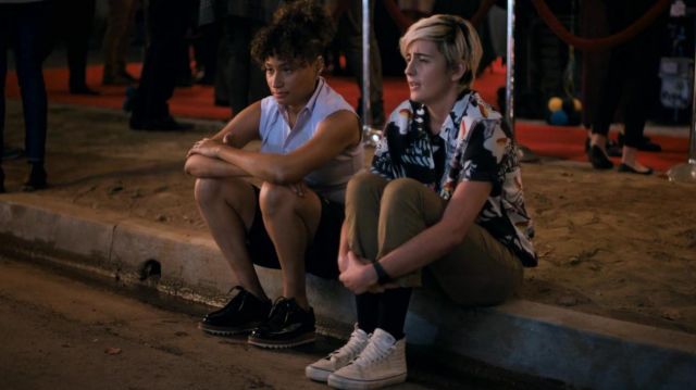 Vans SK8 Hi Top All White sneakers worn by Sarah Finley (Jacqueline Toboni) as seen in The L Word: Generation Q (S01E08)