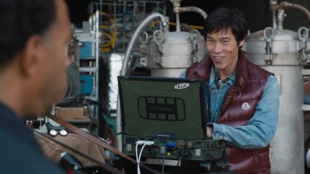 Moncler Laqué Tib Vest in burgundy worn by Street Race Party Kid (Jae Kim) as seen in Fast and Furious 9