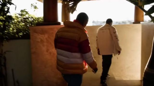 Burberry Orange, Red, & Pink Striped Puffer Jacket of DaBaby in the music video Dababy - Shut Up (Official Music Video)