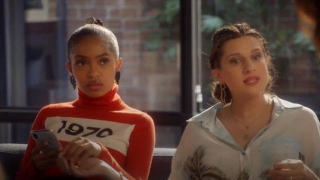 Red Turtlneck Sweater with 1970 Print worn by Zoey Johnson (Yara Shahidi) in grown-ish Season 3 Episode 4