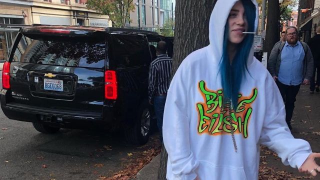 Product BIL­LIE EIL­ISH GRAFIT­TI HOOD­IE worn by Billie Eilish in Billie Eilish - Funny Moments
