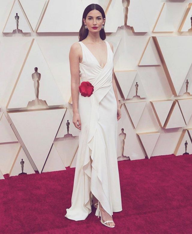 Jimmy Choo Minny Iridescent Leather Strappy Sandals worn by Lily Aldridge Academy Awards February 9, 2020