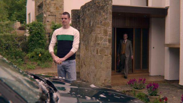 Colorblock sweater (green white navy) worn by Adam Groff (Connor Swindells) as seen in Sex Education (S02E03)