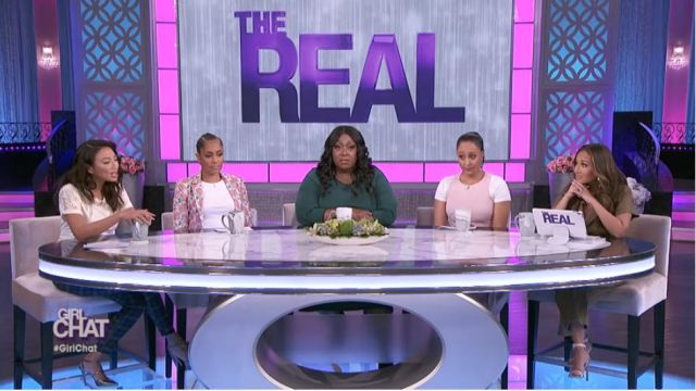 Joie Belt­ed Draped Sleeve­less Jump­suit worn by Tamera Mowry on The Real (2013) February 12, 2020