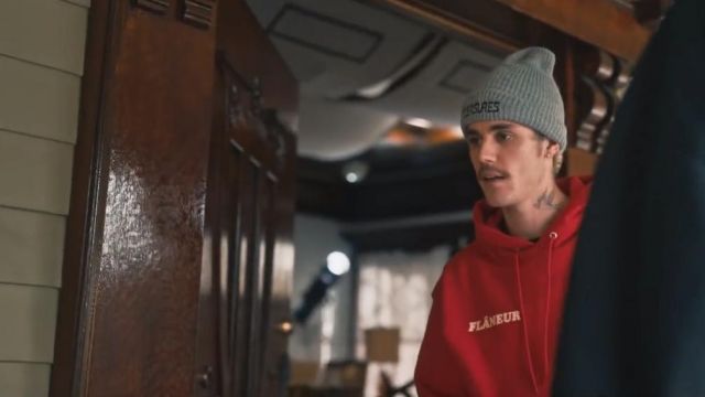 Kevin Kiehm Red hoodie "Flâneur" worn by Justin Bieber in his Intentions music video feat. Quavo 