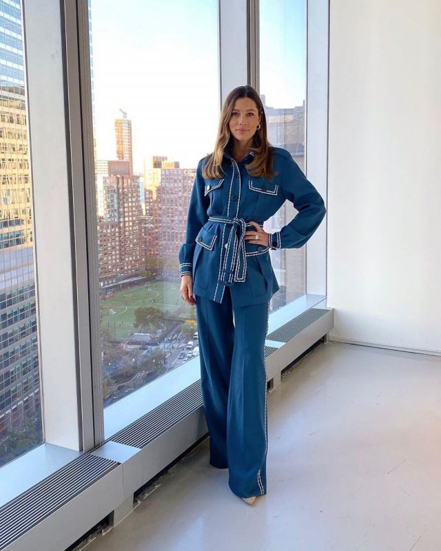 Fendi blue jacket worn by Jessica Biel on the Instagram account @jessicabiel
