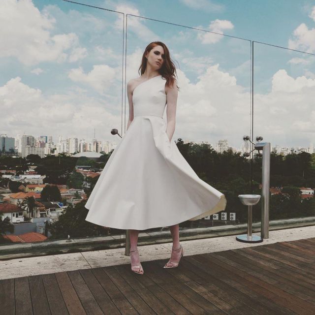 White One Shoulder Dress worn by Karen Gillan on the Instagram account @karengillanofficial