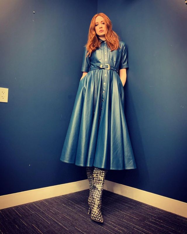 Anouki Vegan Leather Shirt Dress worn by Karen Gillan on the Instagram account @karengillanofficial