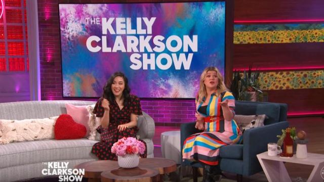 Michael kors collection Belt­ed Pol­ka-dot Silk Crepe De Chine Pe­plum Dress worn by Constance Wu on The Kelly Clarkson Show February 14, 2020