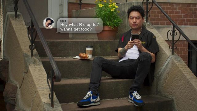 Nike black and blue sneakers worn by Doug (Jonathan Park) in Awkwafina is Nora From Queens (S01E02)