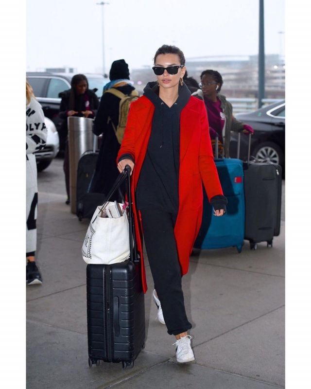 Away the Carry On Suitcase in Black worn by Emily Ratajkowski JFK Airport February 18, 2020