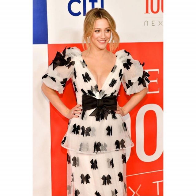 Bow-Detailed Belted Tulle Gown worn by Lili Reinhart on the Instagram account @lilireinhart