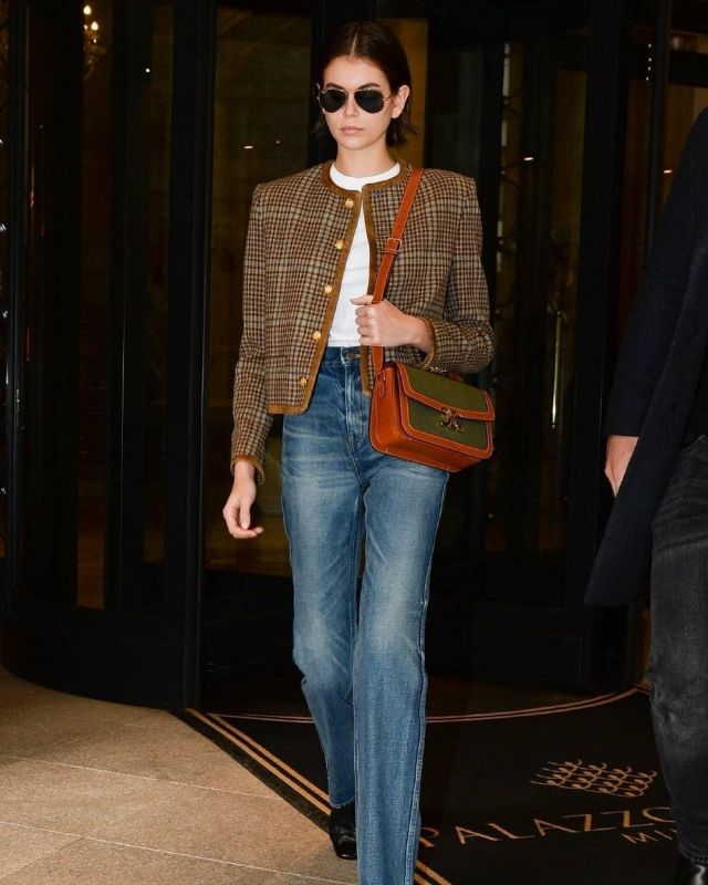 Celine Chasseur Jacket in Checked Tweed worn by Kaia Jordan Gerber ...