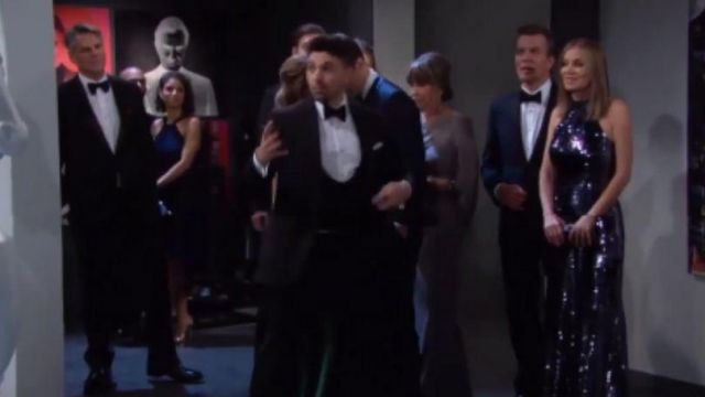 Sachin & babi Eva Se­quin Open-Back Hal­ter Gown worn by Ashley Abbott (Eileen Davidson) as seen on The Young and the Restless February 20, 2020