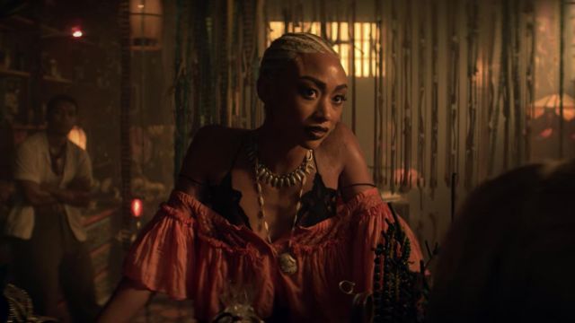 Red Coral beach dress worn by Prudence Night (Tati Gabrielle) in Chilling Adventures of Sabrina S03E01