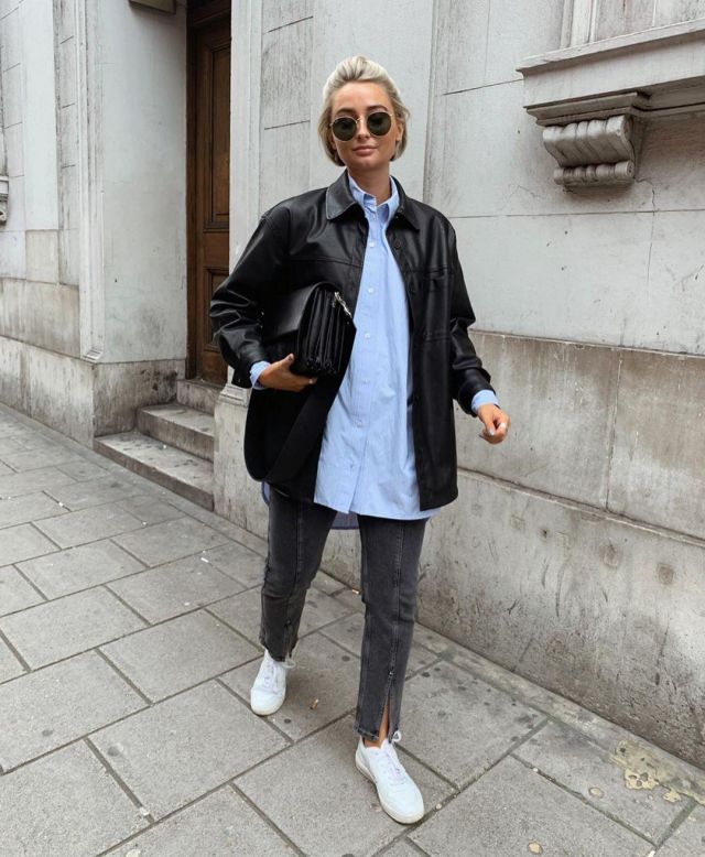 Leather Shirt Jack­et of Olivia Rose on the Instagram account @oliviarosesmithx