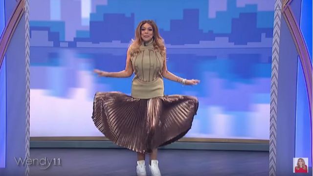 A.l.c. Cop­per Pleat­ed Lamé Mi­di Skirt worn by Wendy Williams on The Wendy Williams Show February 24, 2020