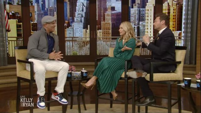 Intermix Green Pleat­ed Wrap Dress worn by Kelly Ripa on LIVE with Kelly and Ryan February 24, 2020