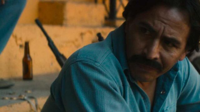 Blue herringbone western shirt worn by Pablo Acosta (Gerardo Taracena) in  Narcos Mexico S01E02