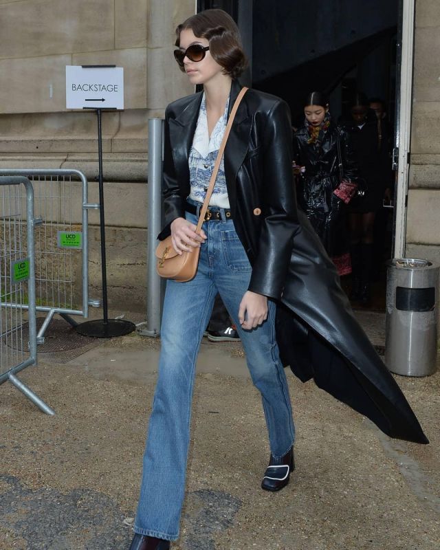 Chloé Wil­low Print Shirt worn by Kaia Jordan Gerber Leaving Chloe Show in Paris February 27, 2020