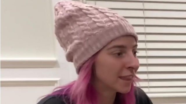 Pink Knit Beanie Hat worn by Gabbie Hanna in the YouTube video Meet My DOG FISH!