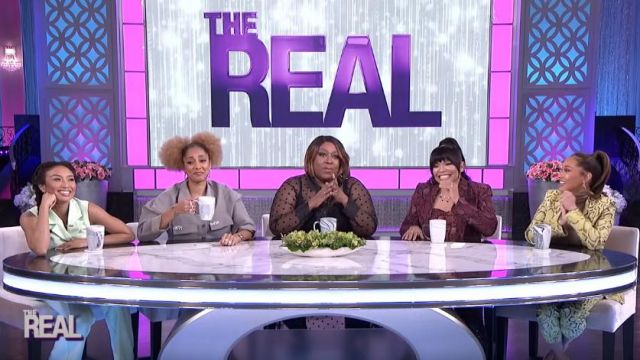 Eloquii Sheer Dot Maxi Dress worn by Loni Love on The Real February 28, 2020