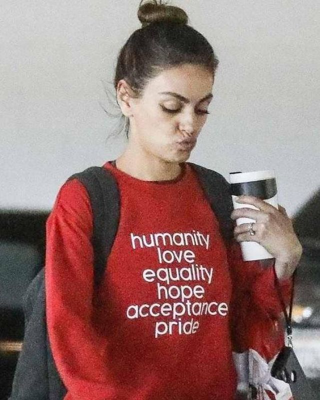 Pride List humanity, love, equality, hope, acceptance Sweatshirt worn by Mila Kunis on the Instagram account @khantdesigns