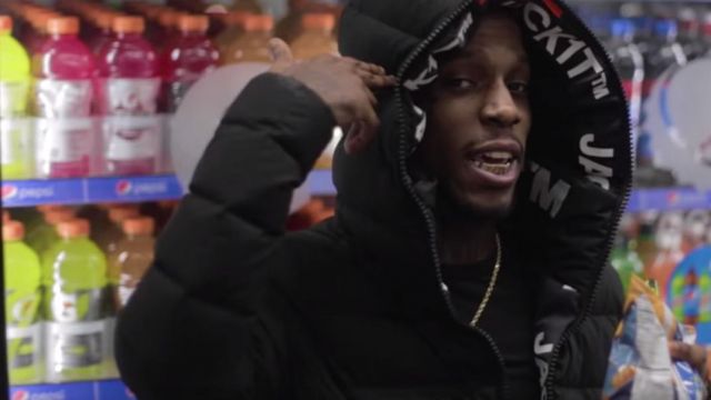 Puffer Jacket with white words worn by WillThaRapper in his Trappin Ain’t Dead (Official Visual)