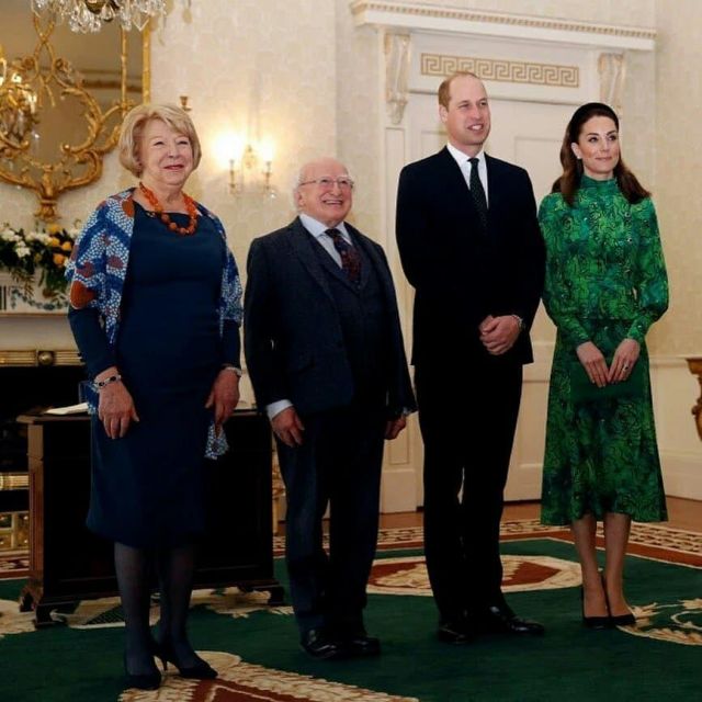 Alessandra Rich Printed Silk Peplum Dress worn by Catherine, Duchess of Cambridge Dublin March 3, 2020