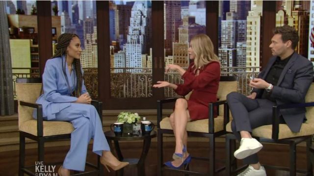 Maggie marilyn Just Get­ting Start­ed Wrap Blaz­er with Brooch worn by Elaine Welteroth on LIVE with Kelly and Ryan March 4, 2020