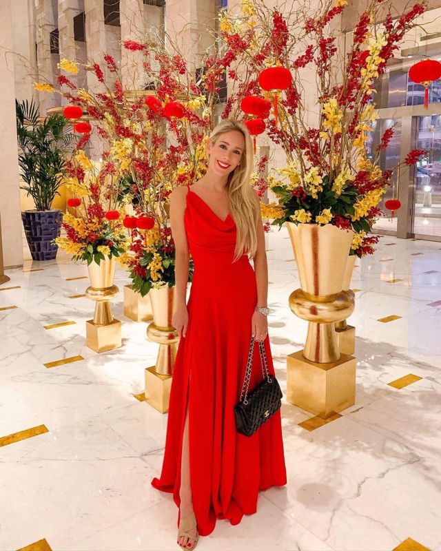 Red Long Dress of Katie Manwaring Gomes on the Instagram account @katiesbliss