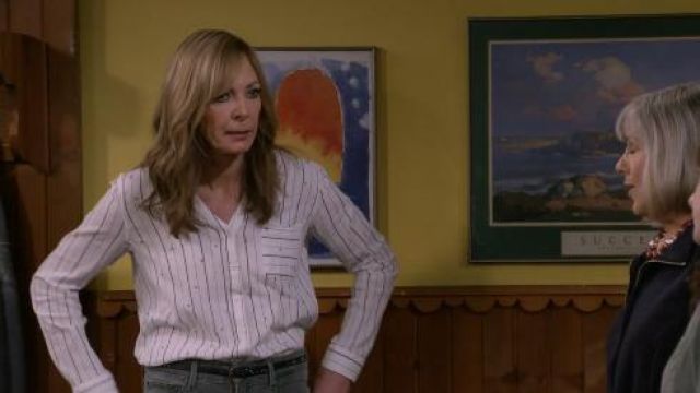 White Stripe Shirt worn by Bonnie (Allison Janney) in Mom Season 7 Episode 17