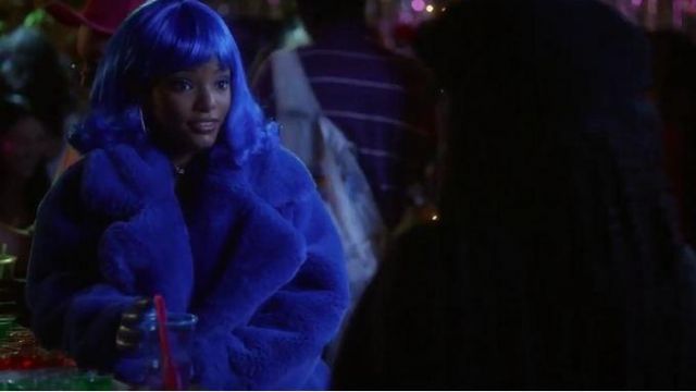 Blue Fur Coat worn by Sky Forster (Halle Bailey) in grown-ish Season 3 Episode 8