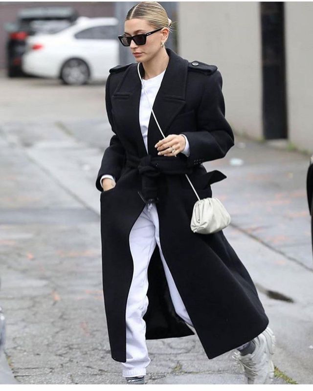 Saint Laurent Oversized Belted Coat worn by Hailey Bieber in Beverly Hills March 10, 2020