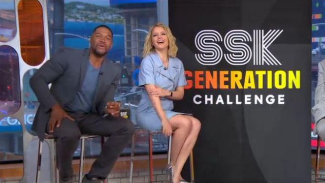 Lini Blue Belt­ed Leather Dress worn by Sara Haines on Good Morning America March 11, 2020