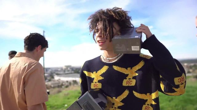 Eagle Embroidered Sweater worn by Iann Dior in Good Day (Behind The Scenes) YouTube video