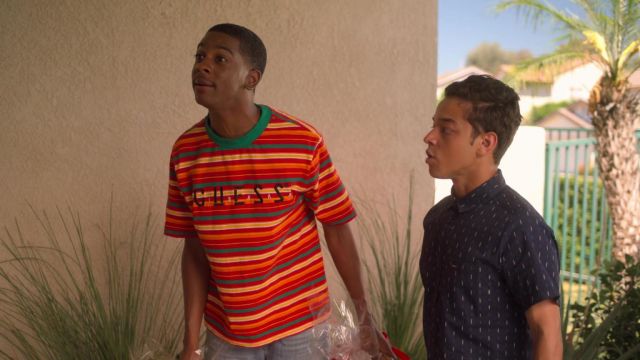 Guess striped t-shirt worn by Jamal Turner (Brett Gray) as seen in On My Block (S03E02)