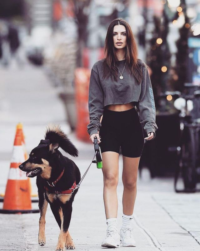 Yeezy season 6 Long Sleeve Tee worn by Emily Ratajkowski Walking Her Dog March 20, 2020