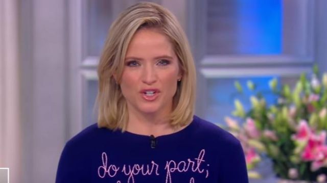 Lingua franca Pur­ple Graph­ic Sweater worn by Sara Haines on The View March 23, 2020