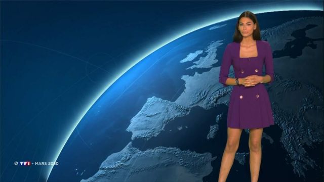 The purple dress Zara worn by Tatiana Silva for the Weather of TF1 on 22 march 2020