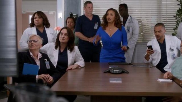 Blue Wrap Dress worn by Dr. Catherine Avery (Debbie Allen) in Grey's Anatomy Season 16 Episode 19