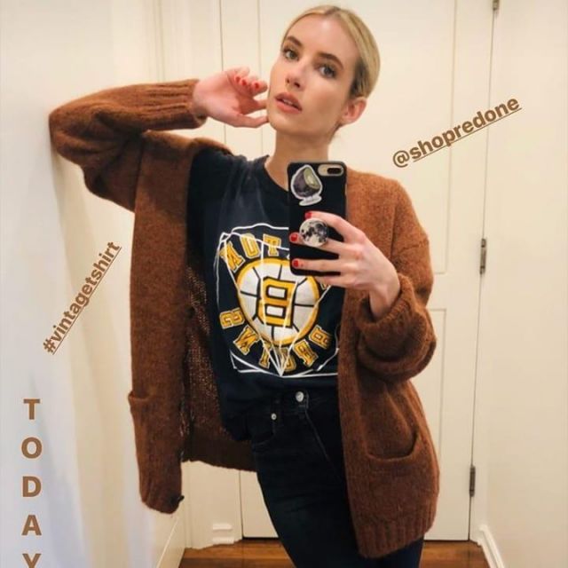 Re Done Alpaca Cardigan worn by Emma Roberts Instagram March 25, 2020