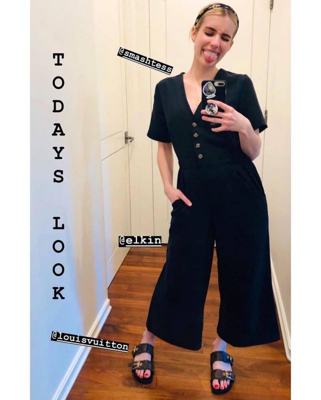 Smash + Tess the Jane Romper in Barely Black worn by Emma Roberts Instagram Story March 27, 2020