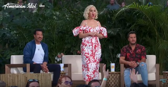 Rosie Assoulin Off-The-Shoulder Puff-Sleeve Floral Silk Midi Dress worn by Katy Perry on American Idol March 29, 2020