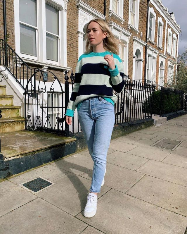 Acne Studios Block Stripe Sweater in Multi Turquoise worn by Tanya Burr on the Instagram account @tanyaburr