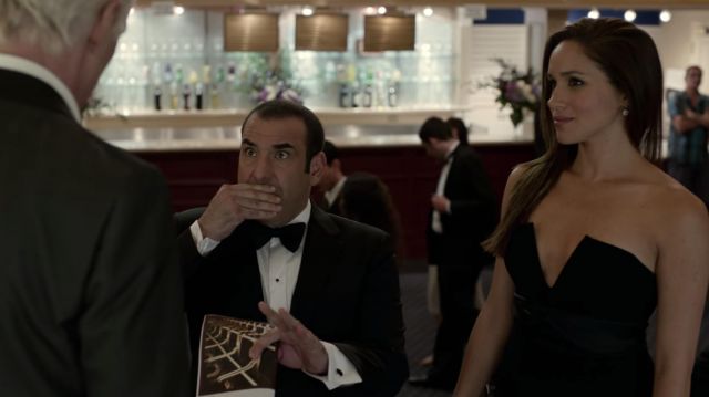 V Bar Black dress worn by Rachel Zane (Meghan Markle) as seen in Suits (S02E06)