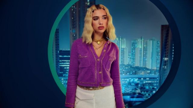 Chanel Cruises 2020 Purple Cardigan worn by Dua Lipa in her Break My Heart (Official Music Video)