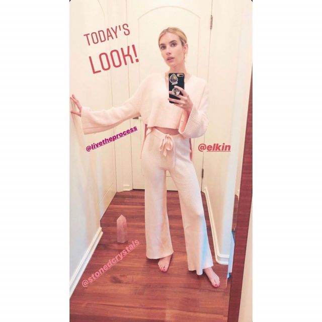 Live The Process Belt­ed Rib Pants in Pink Salt worn by Emma Roberts Instagram Story April 5, 2020