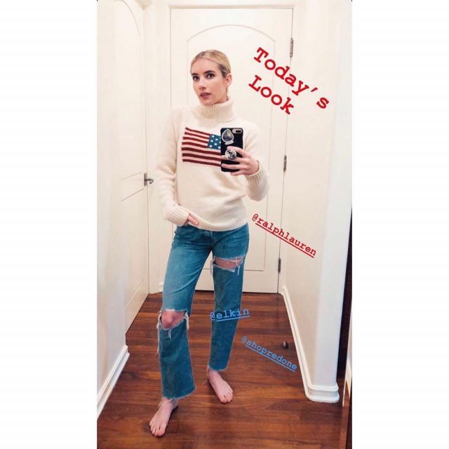 Re/Done High Waist Straight Ripped Jeans worn by Emma Roberts Instagram Stories April 8, 2020