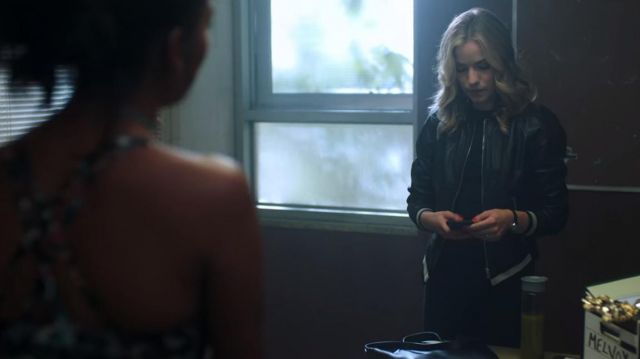 Black leather bomber jacket worn by Colette French (Willa Fitzgerald) in Dare Me (S01E01)